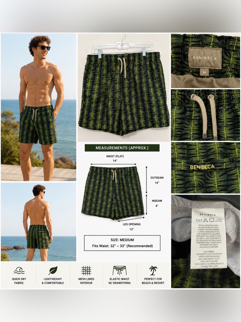 Benibeca Tropical Leaf Print Swim Trunks Men's Medium Green Black Mesh Lined